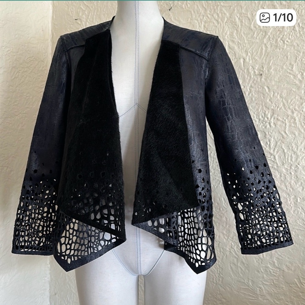 Alberto Makali Dark Blue Laser Cut Black Faux Fur Lining Jacket Small